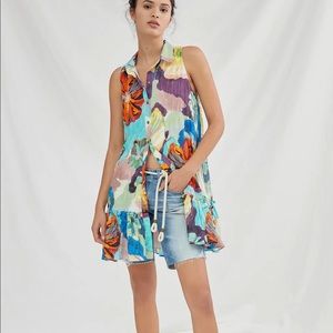 Maeve Anthropologie Zola shirt tunic button up dress floral artsy smocked XS